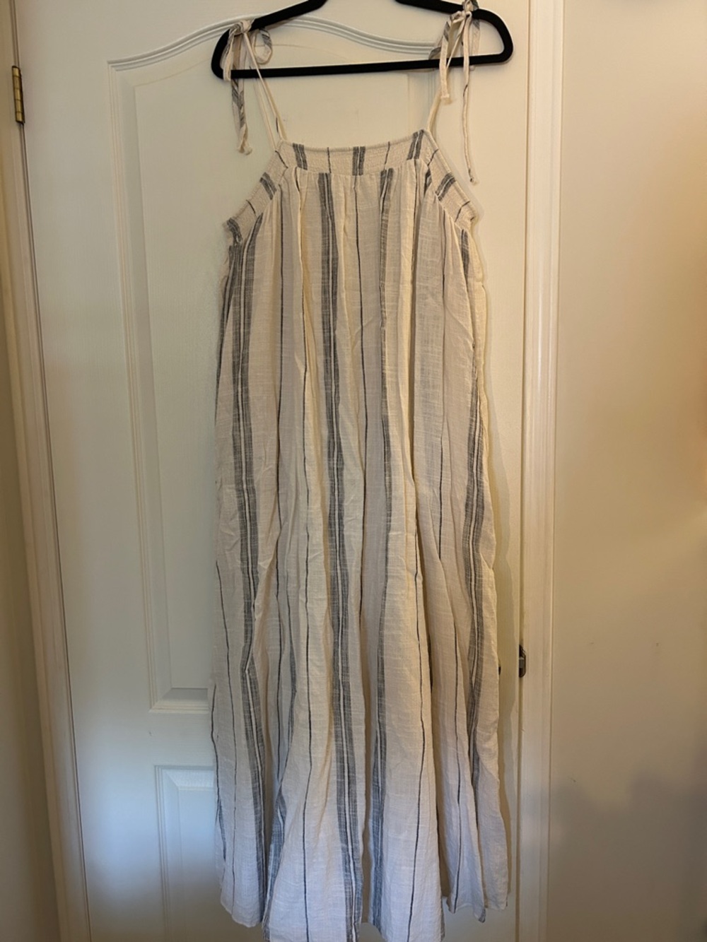 Lightweight White and Striped Tie-Shoulder Maxi Dress